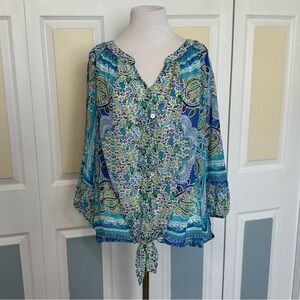 Olive Hill Women’s Vibrant Blue and Green 3/4 Sleeve Tie Front Sheer Tunic Sz L